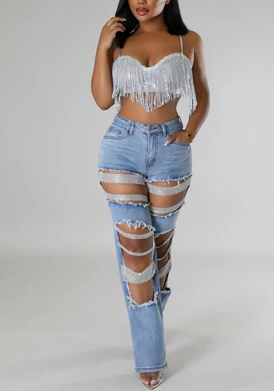 LETSVDO Women's Sexy Ripped Jeans High Waist Distressed Rhinestone Pearl Chains Stretch Denim Pants Clubwear