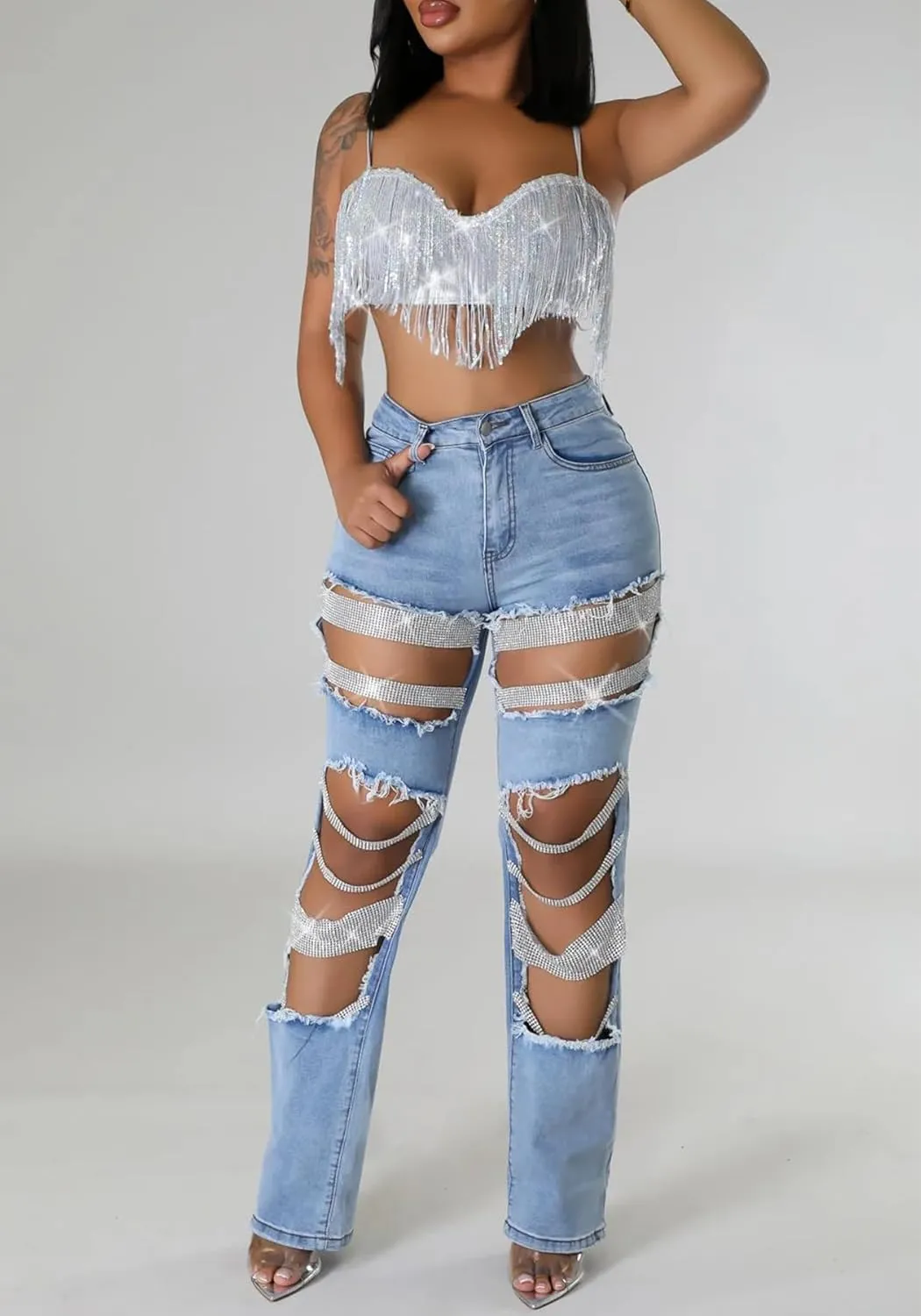 LETSVDO Women's Sexy Ripped Jeans High Waist Distressed Rhinestone Pearl Chains Stretch Denim Pants Clubwear
