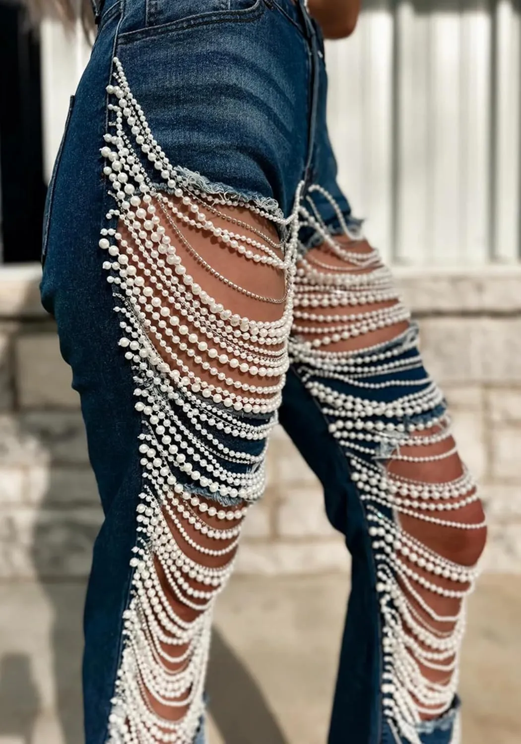 LETSVDO Women's Sexy Ripped Jeans High Waist Distressed Rhinestone Pearl Chains Stretch Denim Pants Clubwear