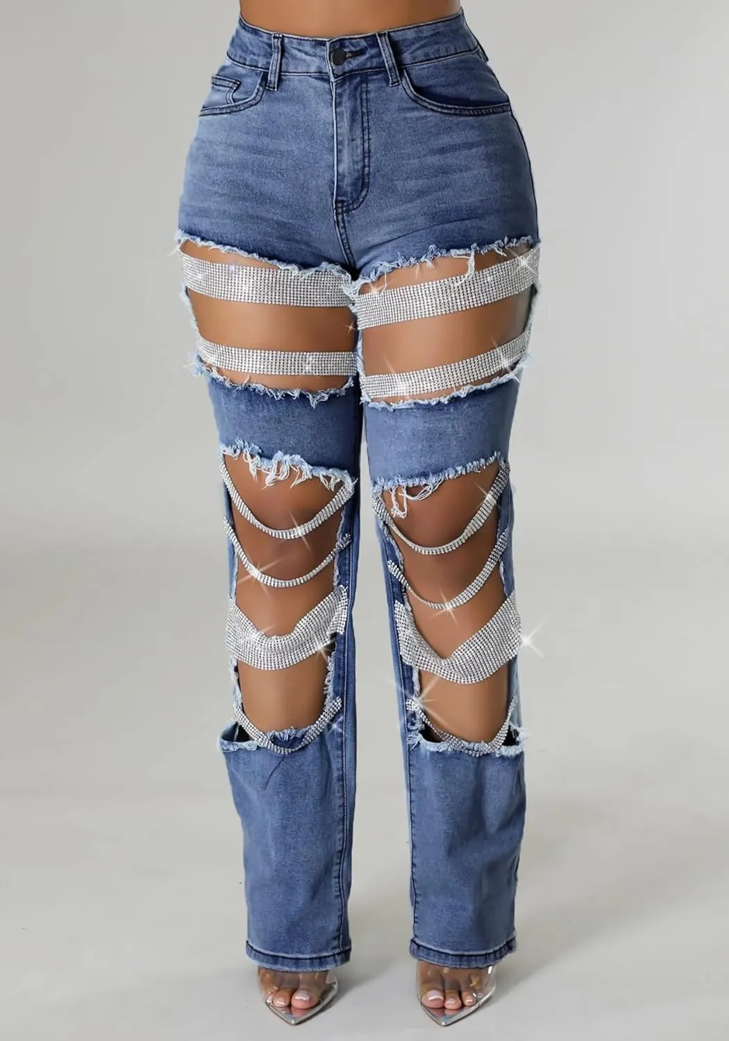 LETSVDO Women's Sexy Ripped Jeans High Waist Distressed Rhinestone Pearl Chains Stretch Denim Pants Clubwear