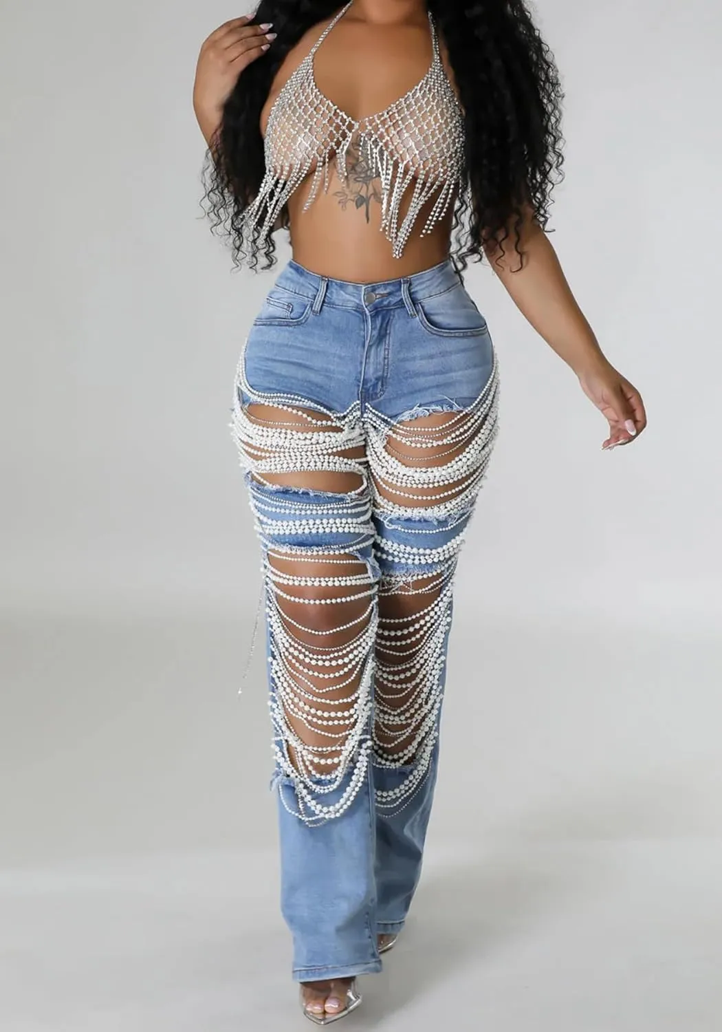 LETSVDO Women's Sexy Ripped Jeans High Waist Distressed Rhinestone Pearl Chains Stretch Denim Pants Clubwear