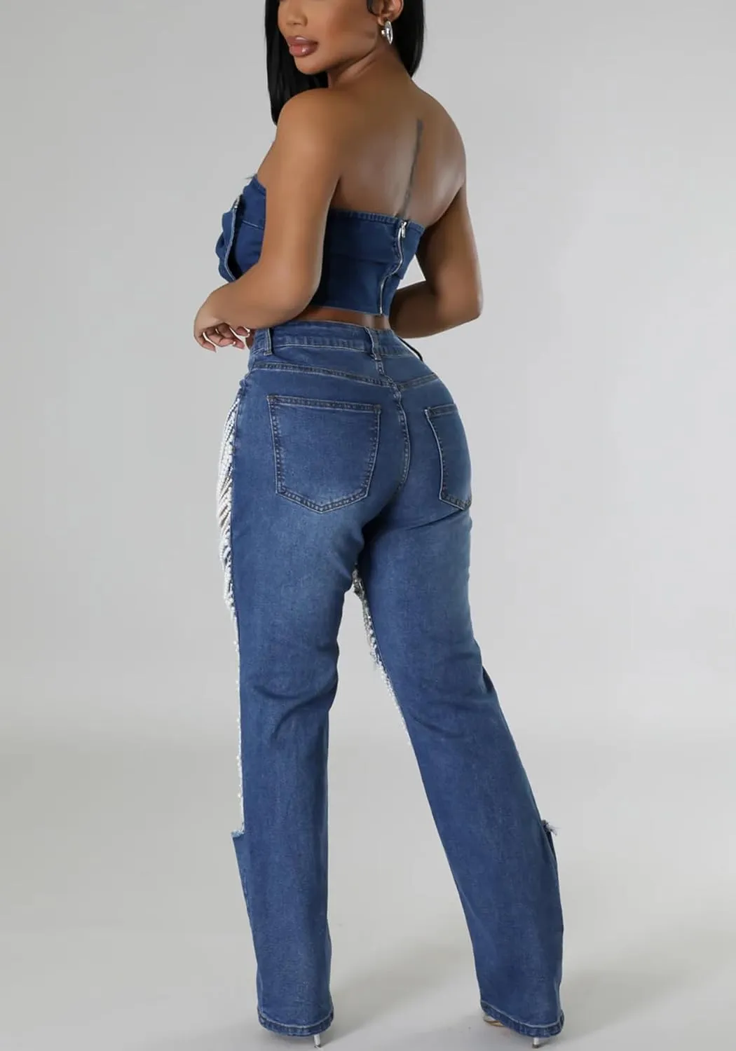 LETSVDO Women's Sexy Ripped Jeans High Waist Distressed Rhinestone Pearl Chains Stretch Denim Pants Clubwear