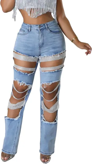 LETSVDO Women's Sexy Ripped Jeans High Waist Distressed Rhinestone Pearl Chains Stretch Denim Pants Clubwear