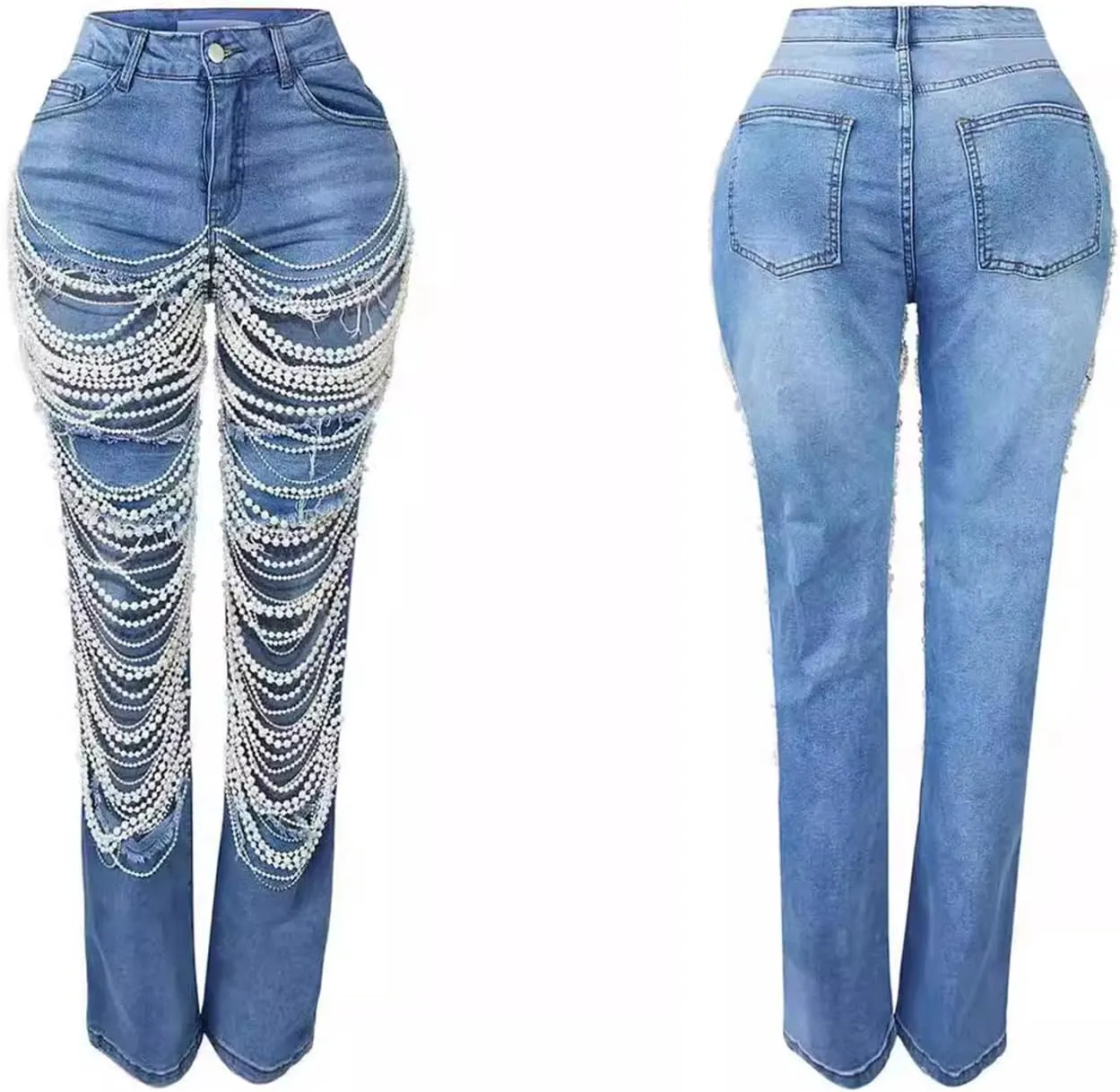LETSVDO Women's Sexy Ripped Jeans High Waist Distressed Rhinestone Pearl Chains Stretch Denim Pants Clubwear