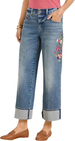 LifeShe Women Embroidered Jeans Mid Waist Stretch Cuffed Straight Leg Denim Pant