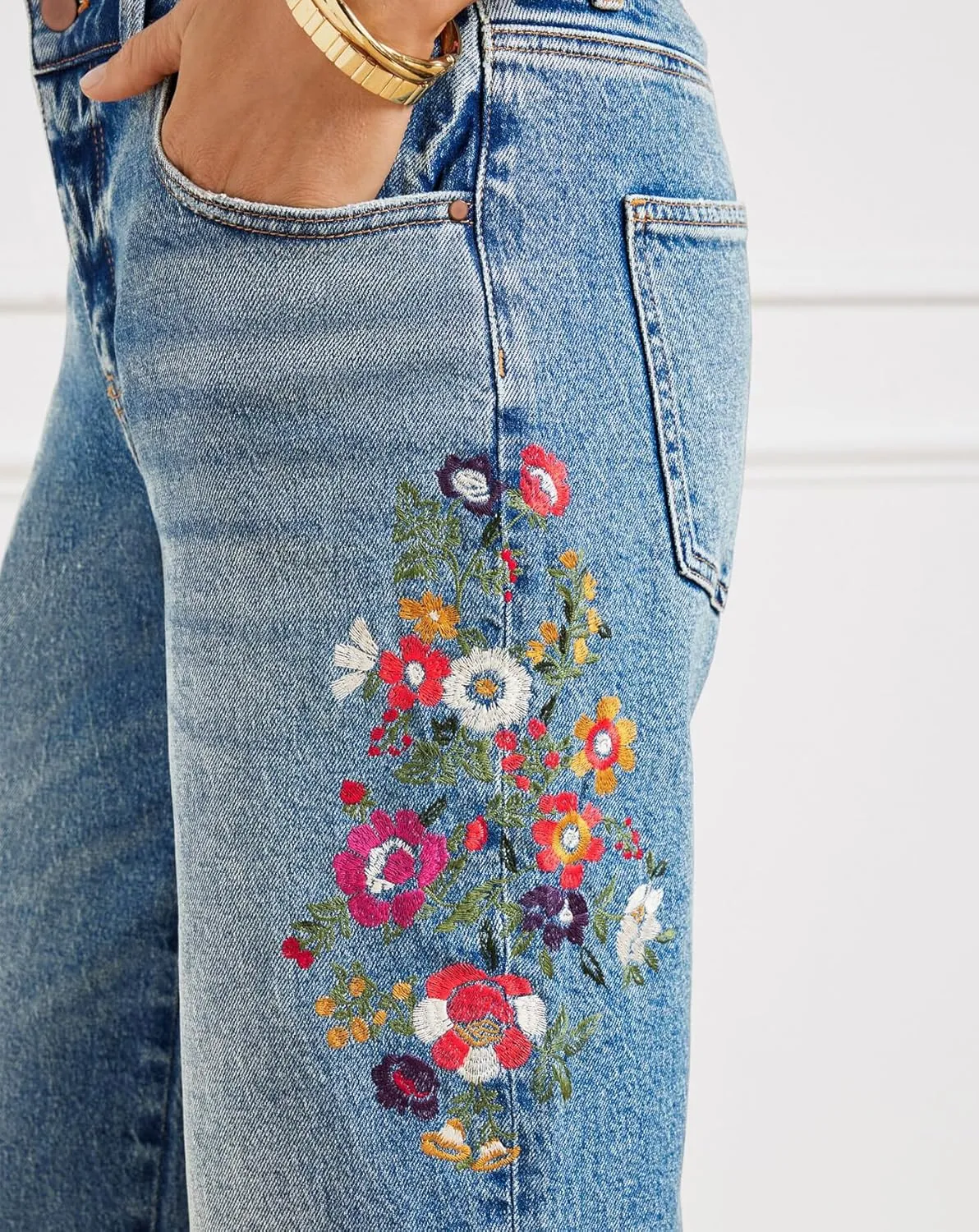 LifeShe Women Embroidered Jeans Mid Waist Stretch Cuffed Straight Leg Denim Pant