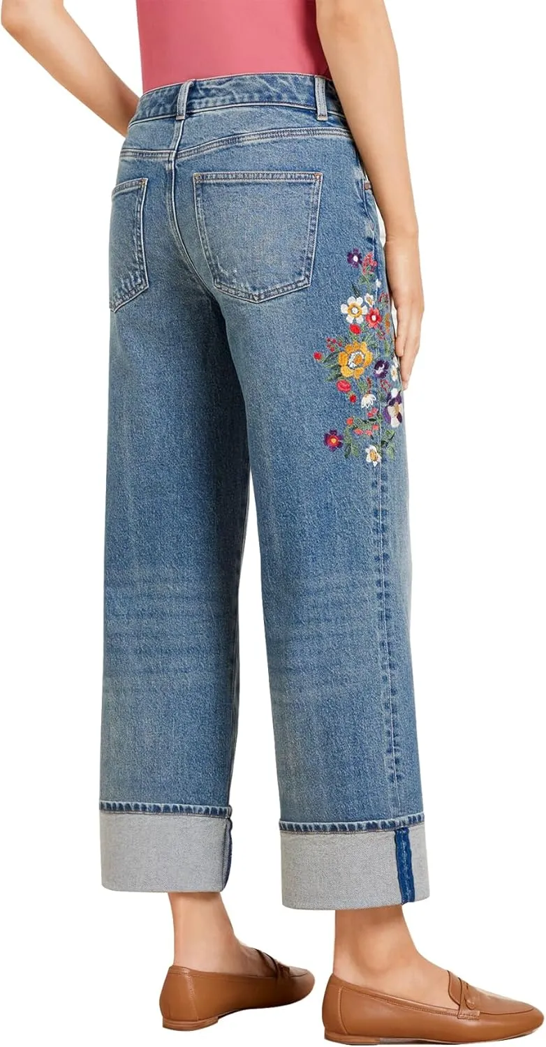 LifeShe Women Embroidered Jeans Mid Waist Stretch Cuffed Straight Leg Denim Pant
