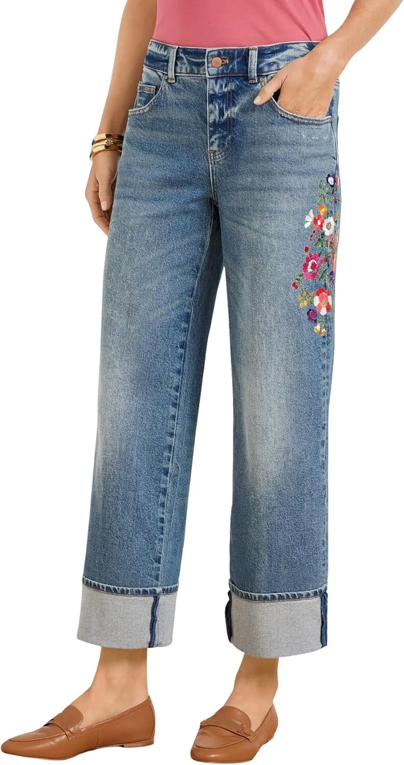 LifeShe Women Embroidered Jeans Mid Waist Stretch Cuffed Straight Leg Denim Pant
