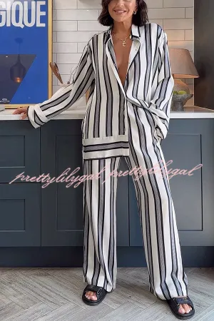Lifetime of Happiness Striped Long Sleeve Loose Shirt and Elastic Waist Pocket Pants Set