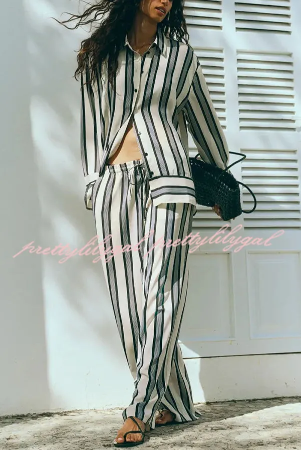 Lifetime of Happiness Striped Long Sleeve Loose Shirt and Elastic Waist Pocket Pants Set