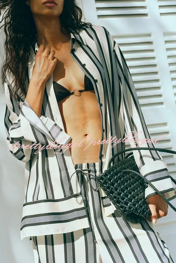 Lifetime of Happiness Striped Long Sleeve Loose Shirt and Elastic Waist Pocket Pants Set