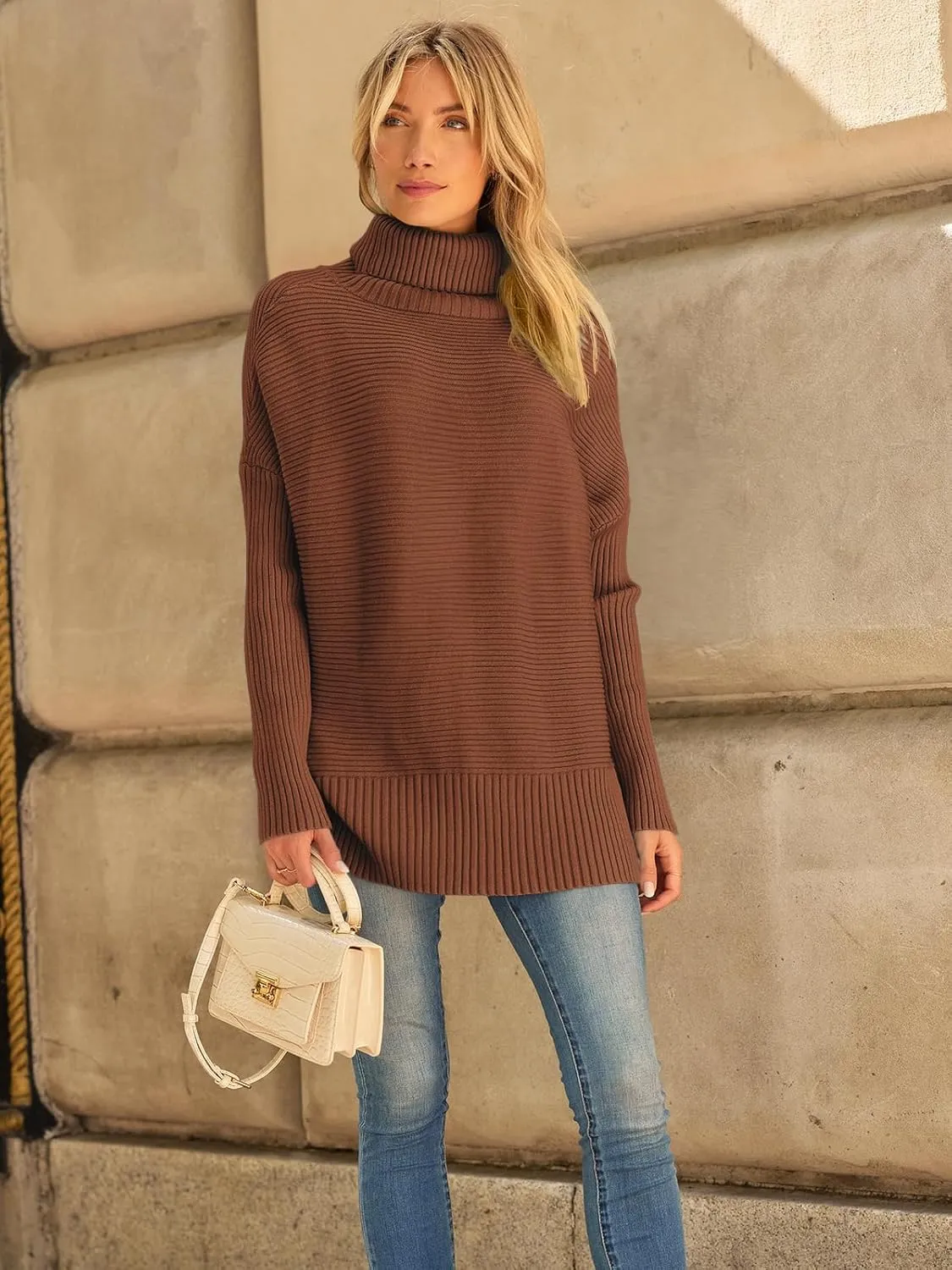 LILLUSORY Women's Oversized Turtleneck Sweaters Fall Batwing Sleeve Ribbed Tunic Sweater