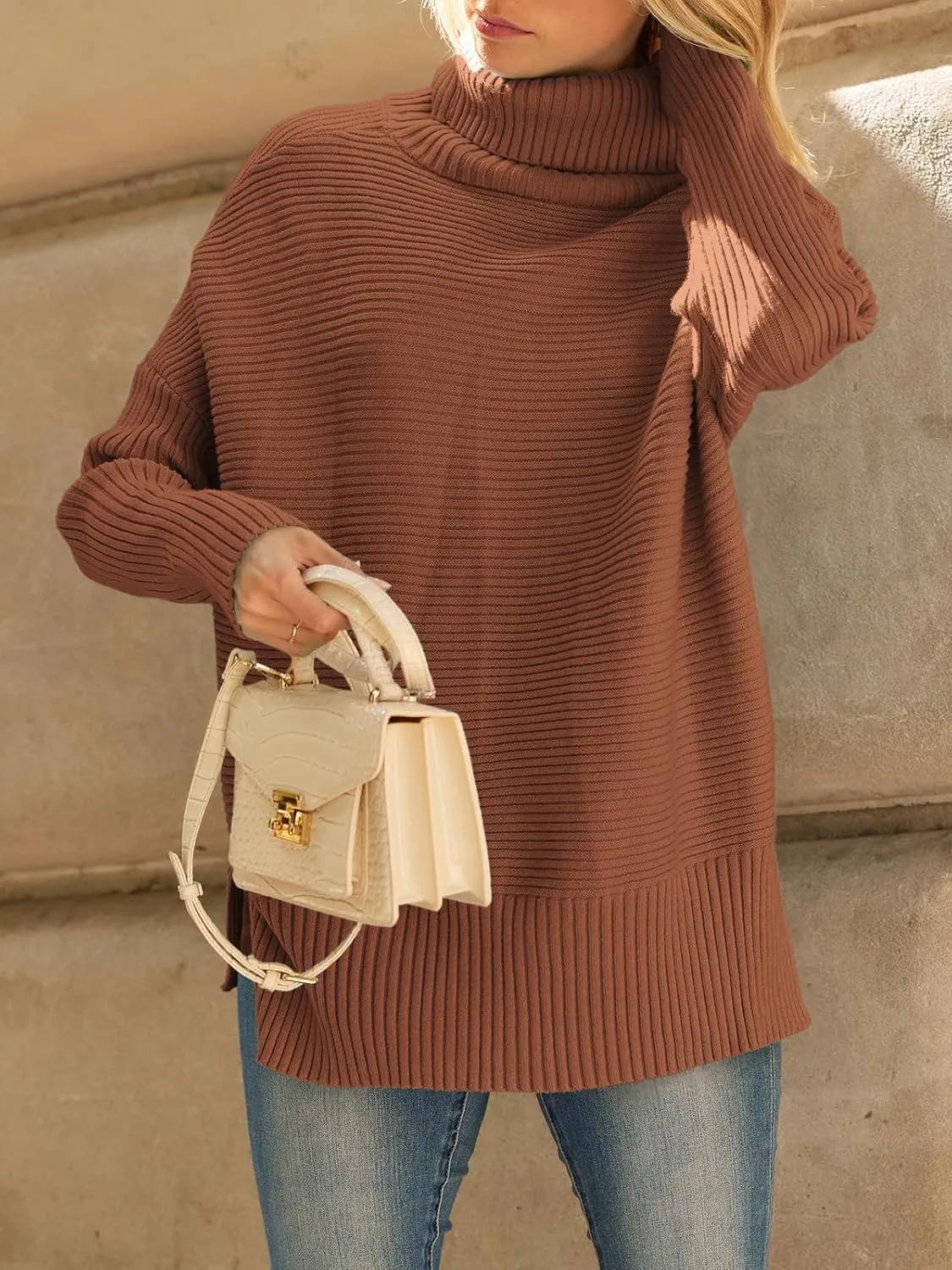 LILLUSORY Women's Oversized Turtleneck Sweaters Fall Batwing Sleeve Ribbed Tunic Sweater