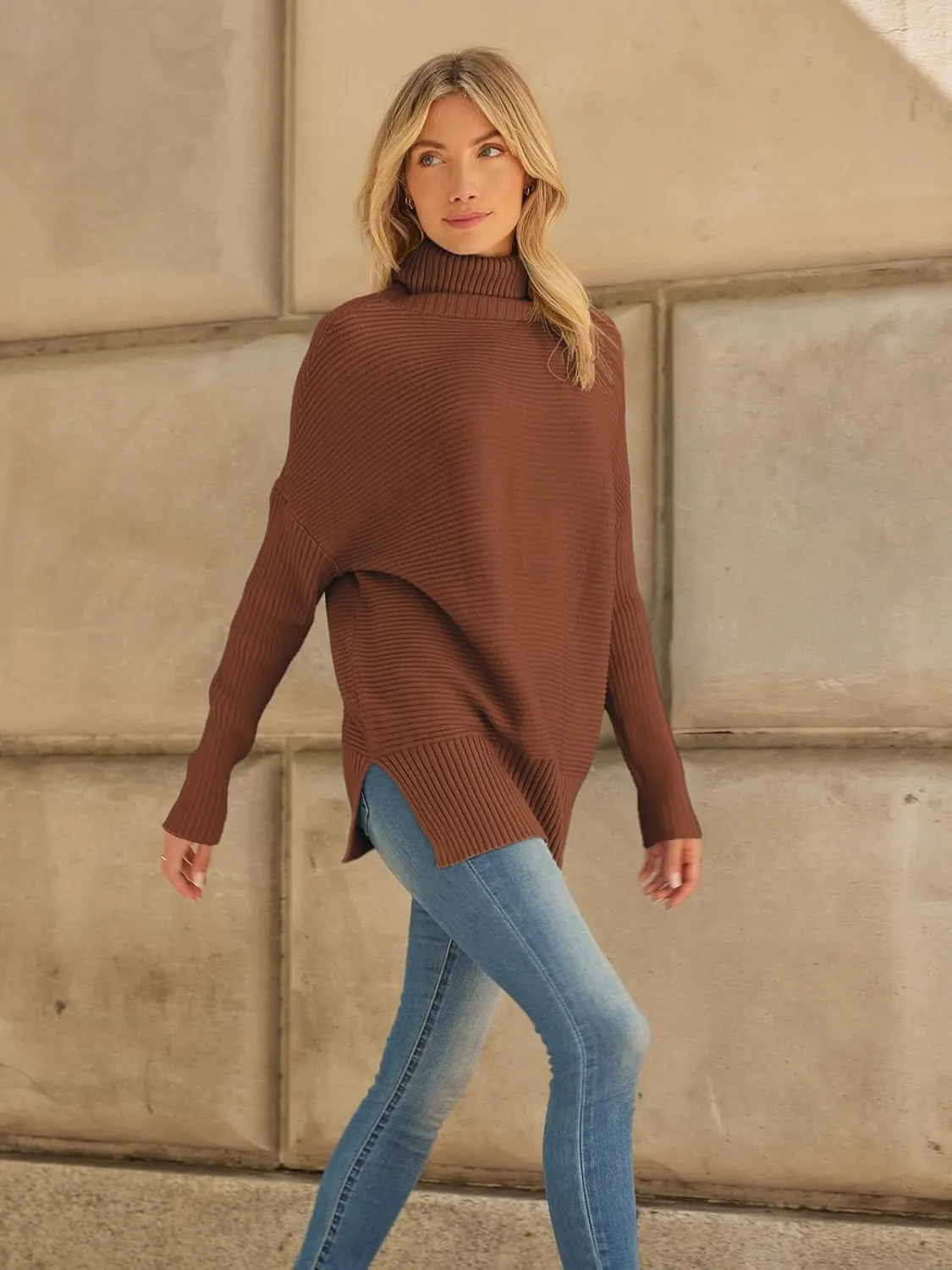 LILLUSORY Women's Oversized Turtleneck Sweaters Fall Batwing Sleeve Ribbed Tunic Sweater