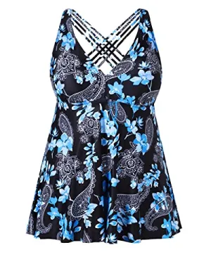Long Plus Size Tankini Top V Neck Swim Top For Women-Blue Floral