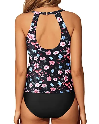 Long Torso Friendly High Waisted Tankini Set For Women-Black And Pink Floral
