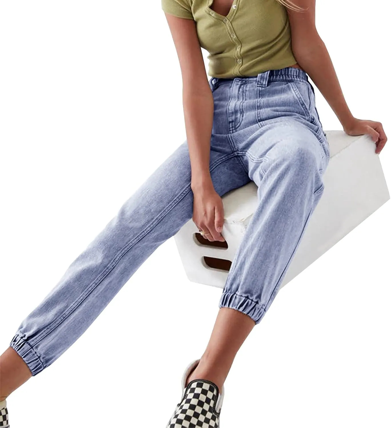 LONGYIDA Jean Joggers for Women High Waisted Drawstring Elastic Waist Stretch Denim Pants