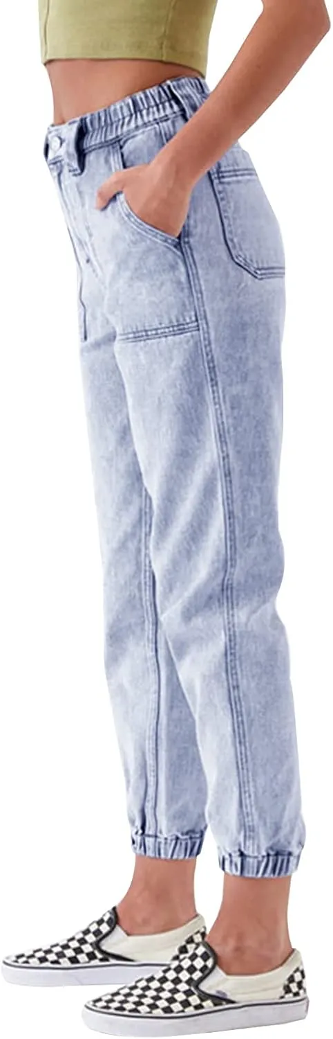 LONGYIDA Jean Joggers for Women High Waisted Drawstring Elastic Waist Stretch Denim Pants