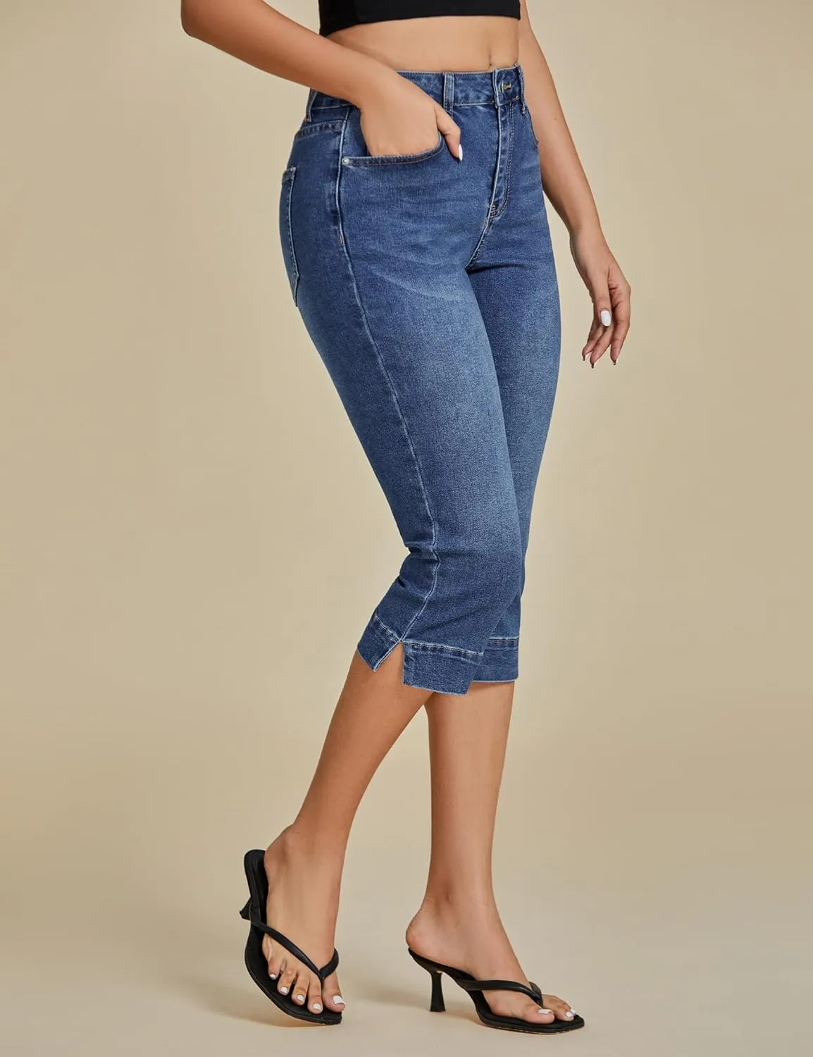 luvamia Capri Jeans for Women Trendy High Waisted Slim Split Hem Stretch Denim Jean Capris Cropped Pants Casual Summer
