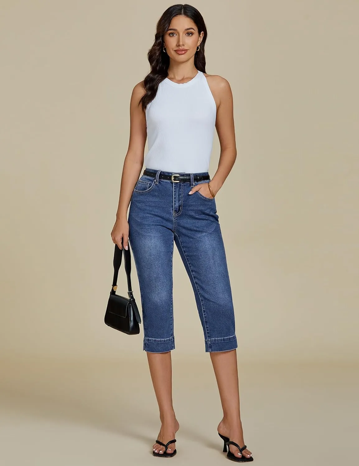 luvamia Capri Jeans for Women Trendy High Waisted Slim Split Hem Stretch Denim Jean Capris Cropped Pants Casual Summer