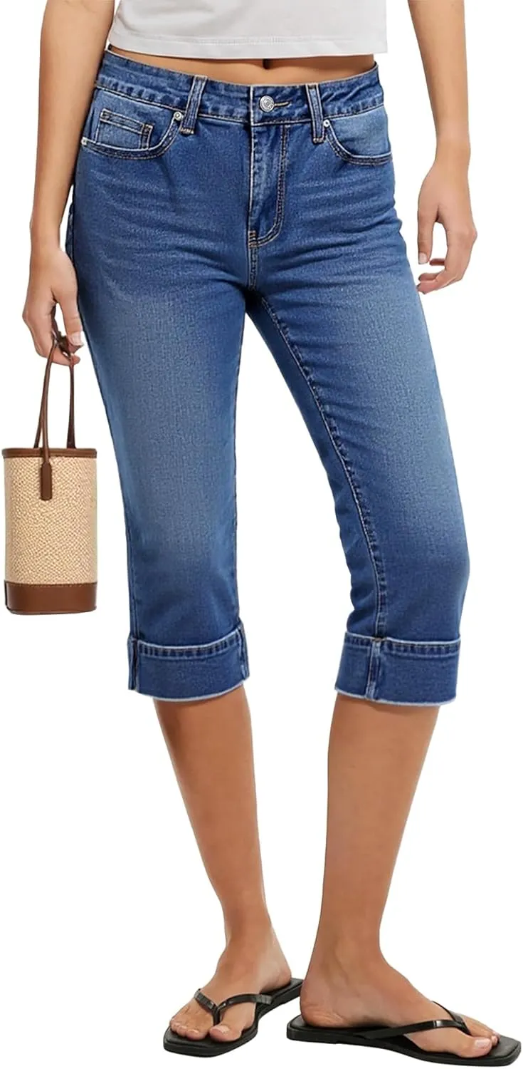 luvamia Capri Jeans for Women Trendy High Waisted Slim Split Hem Stretch Denim Jean Capris Cropped Pants Casual Summer