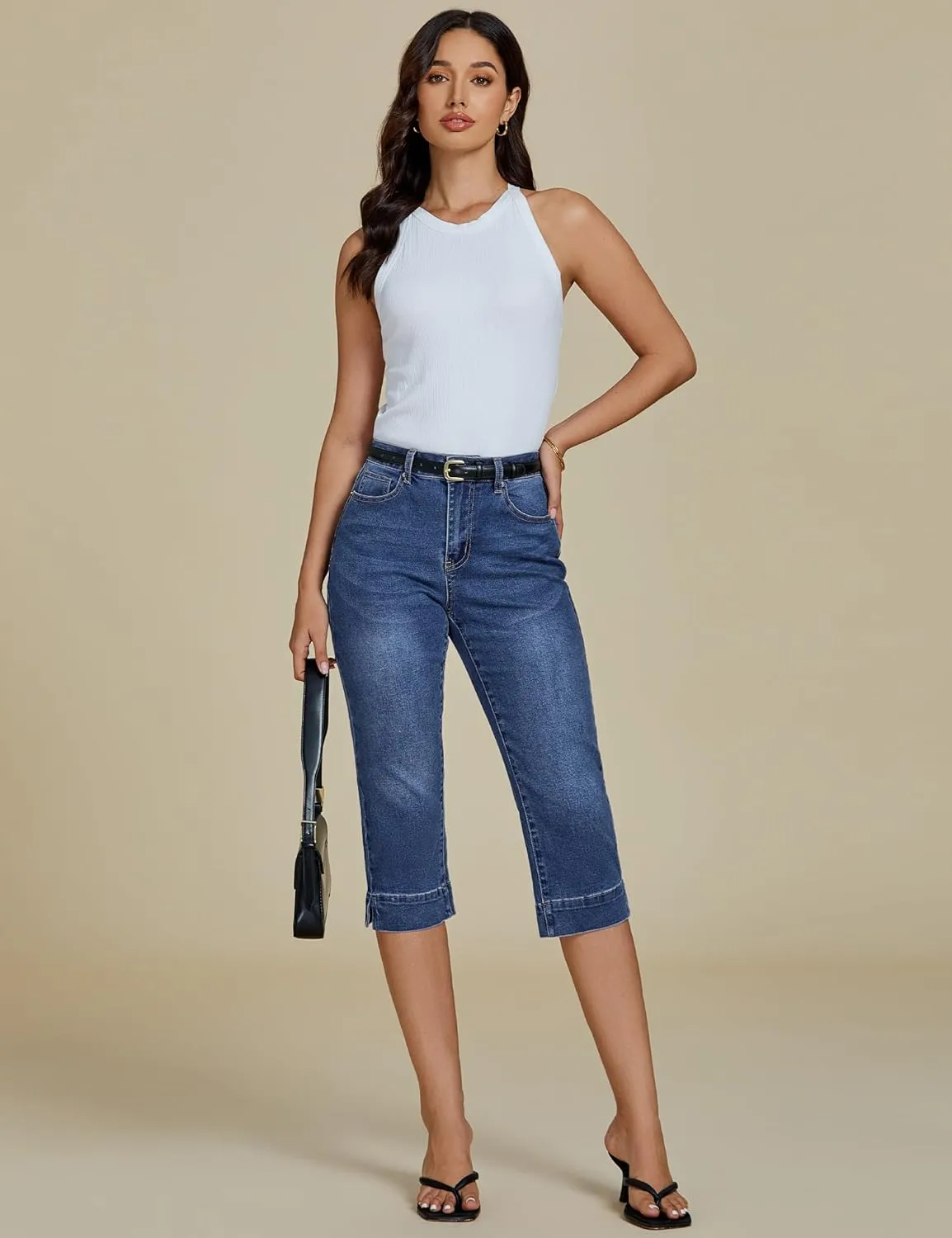 luvamia Capri Jeans for Women Trendy High Waisted Slim Split Hem Stretch Denim Jean Capris Cropped Pants Casual Summer