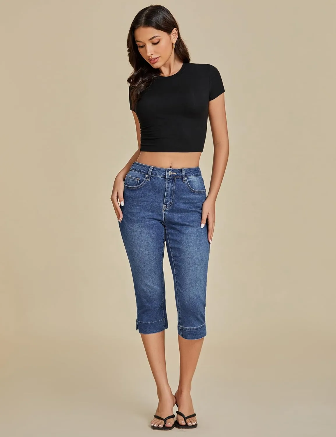 luvamia Capri Jeans for Women Trendy High Waisted Slim Split Hem Stretch Denim Jean Capris Cropped Pants Casual Summer