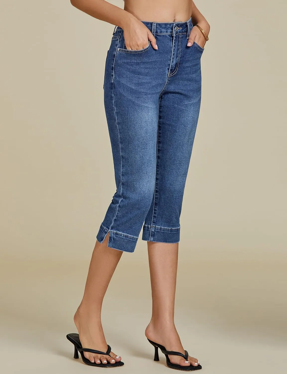 luvamia Capri Jeans for Women Trendy High Waisted Slim Split Hem Stretch Denim Jean Capris Cropped Pants Casual Summer