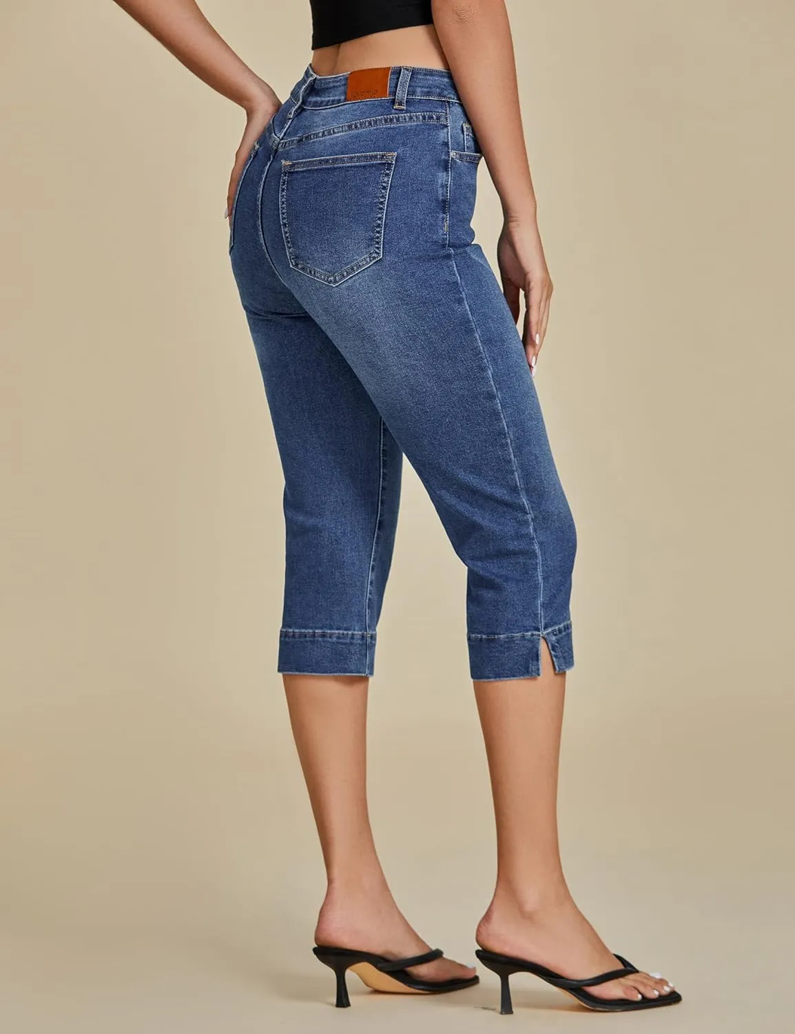 luvamia Capri Jeans for Women Trendy High Waisted Slim Split Hem Stretch Denim Jean Capris Cropped Pants Casual Summer