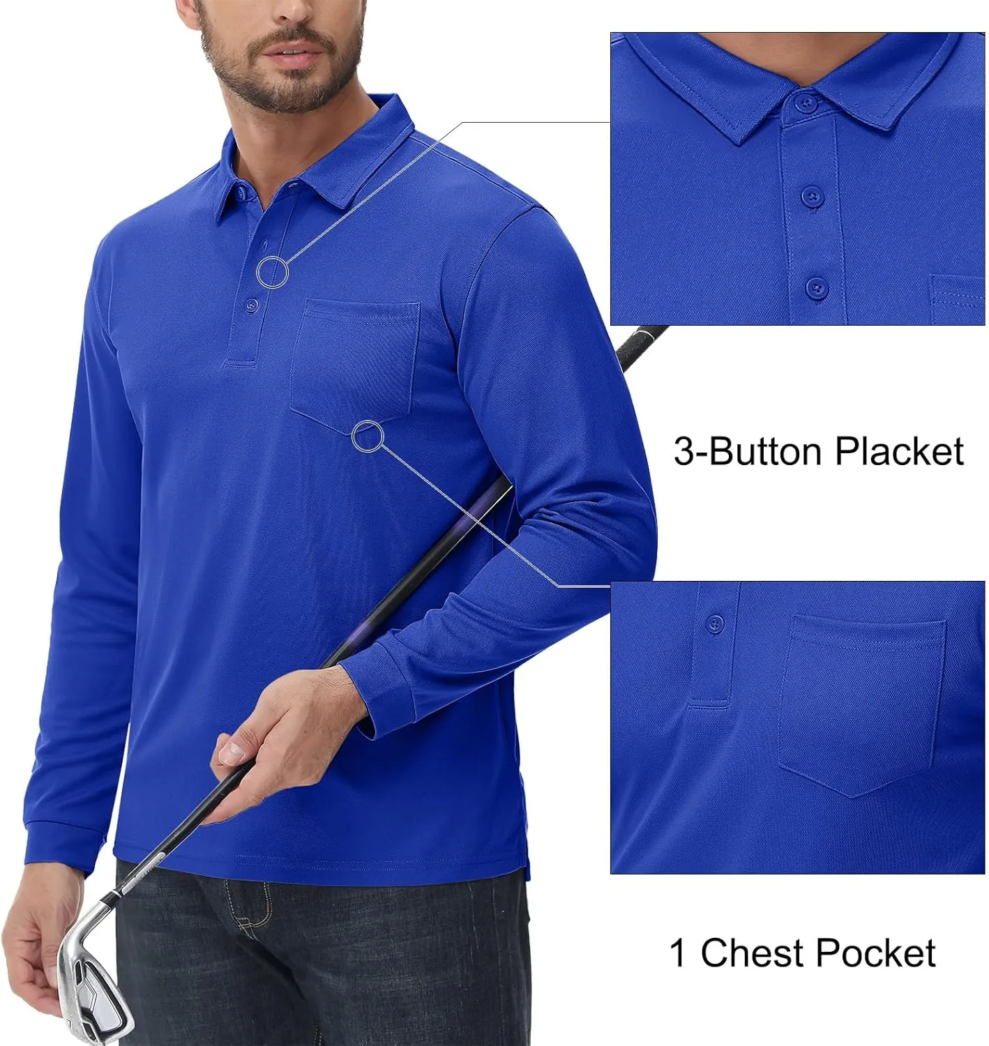 MAGCOMSEN Men's Polo Shirts with Pocket Long Sleeve Golf Quick Dry Shirts Performance Athletic Work Casual Collared Shirt
