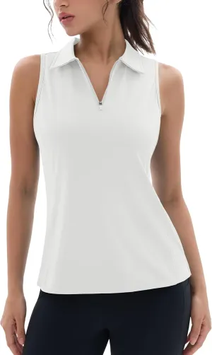 MAGCOMSEN Womens Golf Polo Shirts Sleeveless Racerback Zip Up UPF 50  Quick Dry Tennis Workout Athletic Tank Tops