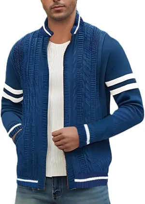 MAISON J Mens Full-Zip Cardigan Sweater, Quality Knit Fabric, Stand Collar, Sporty Casual Style