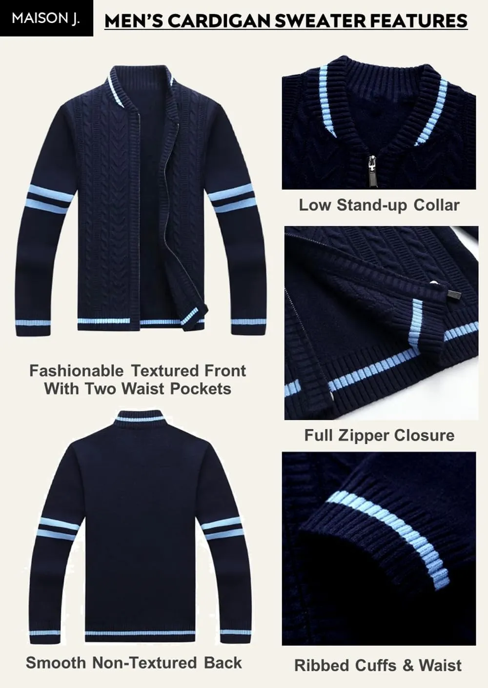 MAISON J Mens Full-Zip Cardigan Sweater, Quality Knit Fabric, Stand Collar, Sporty Casual Style