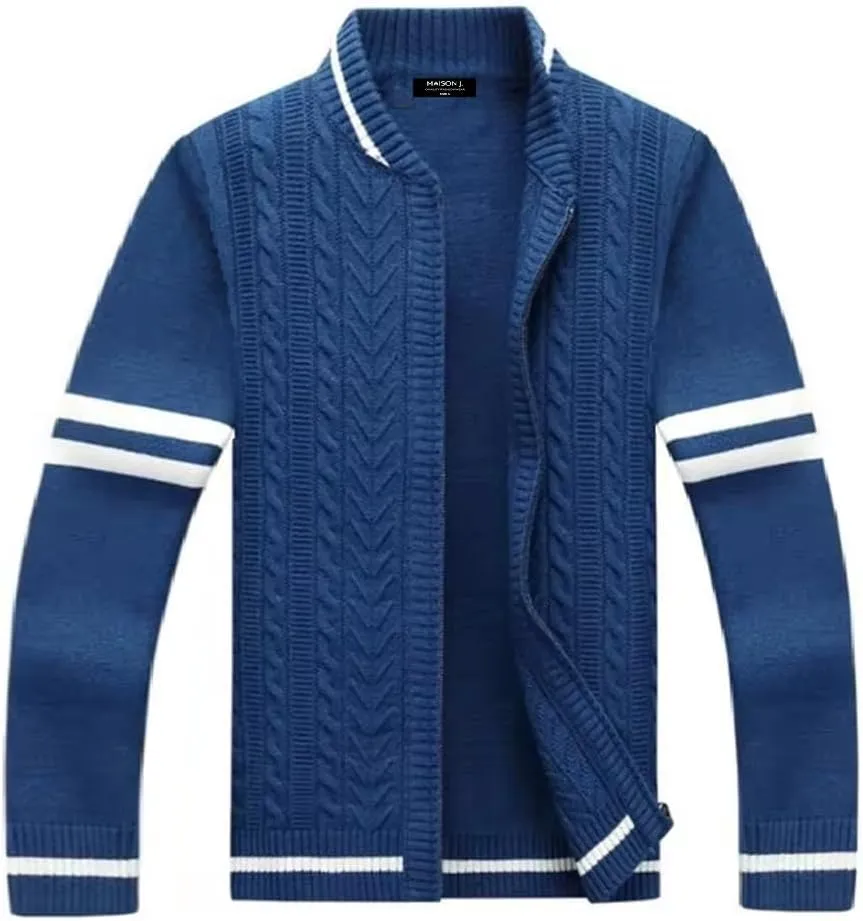 MAISON J Mens Full-Zip Cardigan Sweater, Quality Knit Fabric, Stand Collar, Sporty Casual Style