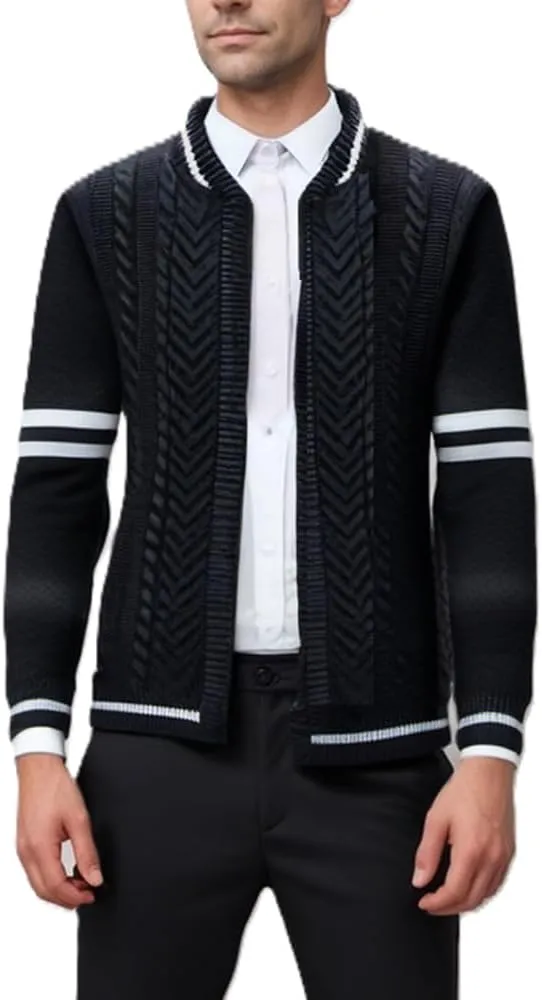 MAISON J Mens Full-Zip Cardigan Sweater, Quality Knit Fabric, Stand Collar, Sporty Casual Style