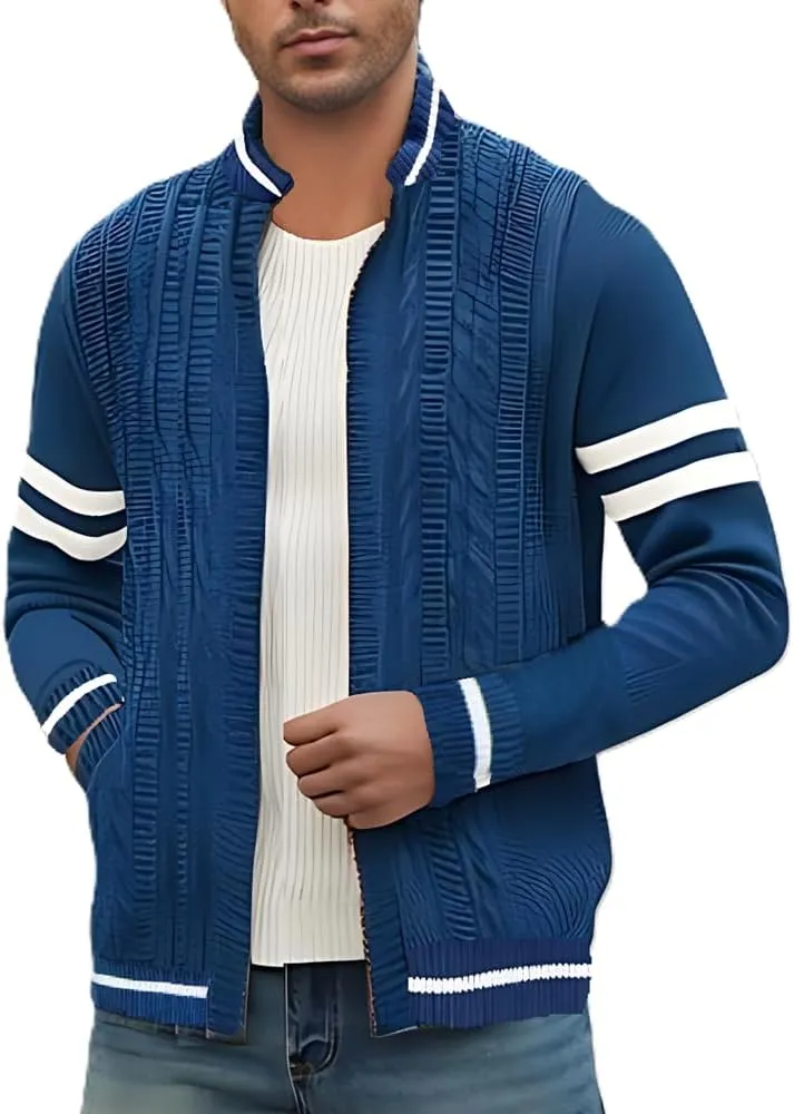 MAISON J Mens Full-Zip Cardigan Sweater, Quality Knit Fabric, Stand Collar, Sporty Casual Style