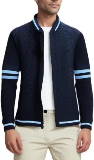 MAISON J Mens Full-Zip Cardigan Sweater, Quality Knit Fabric, Stand Collar, Sporty Casual Style