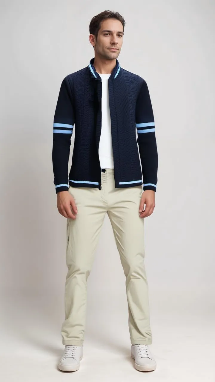 MAISON J Mens Full-Zip Cardigan Sweater, Quality Knit Fabric, Stand Collar, Sporty Casual Style