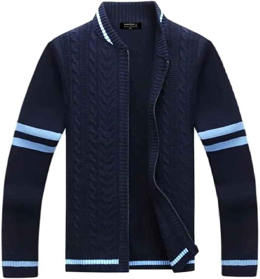 MAISON J Mens Full-Zip Cardigan Sweater, Quality Knit Fabric, Stand Collar, Sporty Casual Style