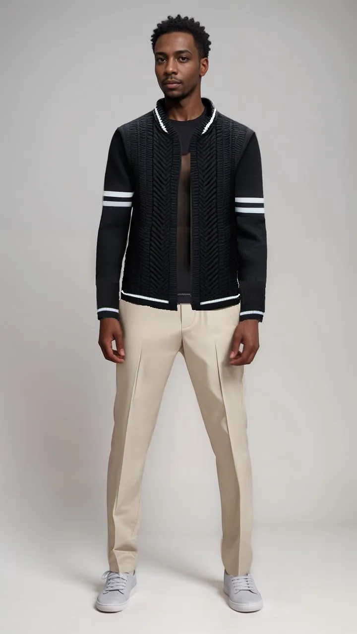 MAISON J Mens Full-Zip Cardigan Sweater, Quality Knit Fabric, Stand Collar, Sporty Casual Style