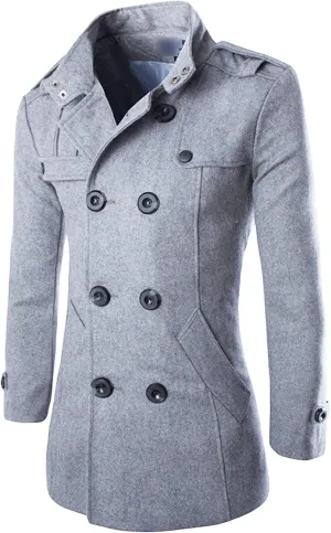 Maiyifu-GJ Mens Winter Double Breasted Overcoat Classic Mid Long Wool Blend Pea Coat Stand Collar Slim Outdoor Trench Jacket