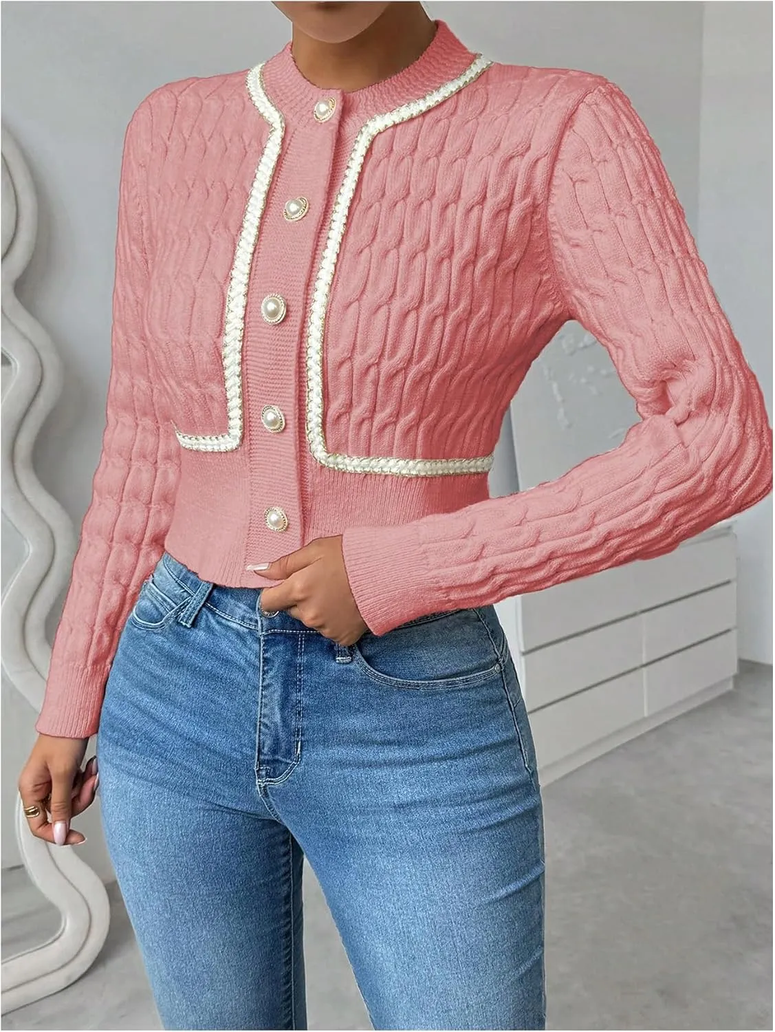 MakeMeChic Women's Button Down Cropped Cardigan Beaded Slim Fit Cable Knit Sweaters Outwear