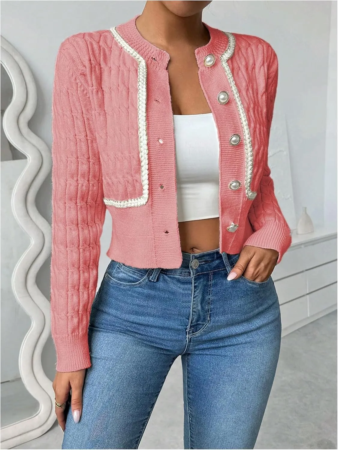 MakeMeChic Women's Button Down Cropped Cardigan Beaded Slim Fit Cable Knit Sweaters Outwear