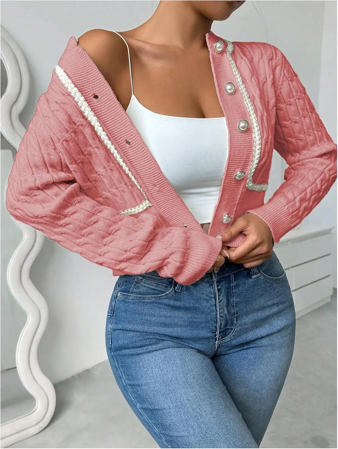 MakeMeChic Women's Button Down Cropped Cardigan Beaded Slim Fit Cable Knit Sweaters Outwear