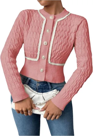 MakeMeChic Women's Button Down Cropped Cardigan Beaded Slim Fit Cable Knit Sweaters Outwear