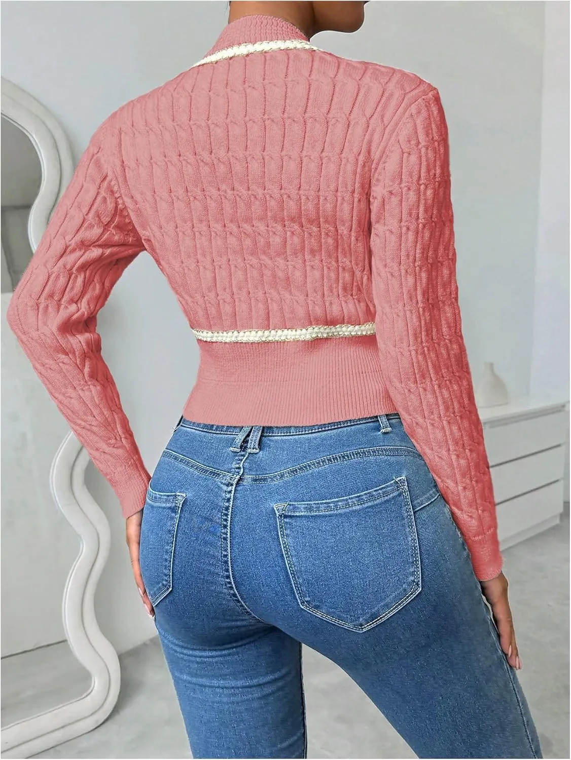 MakeMeChic Women's Button Down Cropped Cardigan Beaded Slim Fit Cable Knit Sweaters Outwear