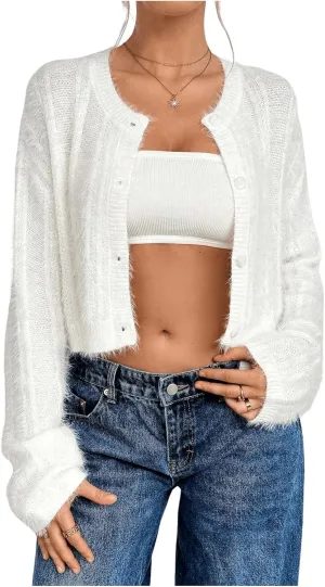 MakeMeChic Women's Button Front Crop Cardigan Fuzzy Long Sleeve Drop Shoulder Cropped Sweaters Outwear