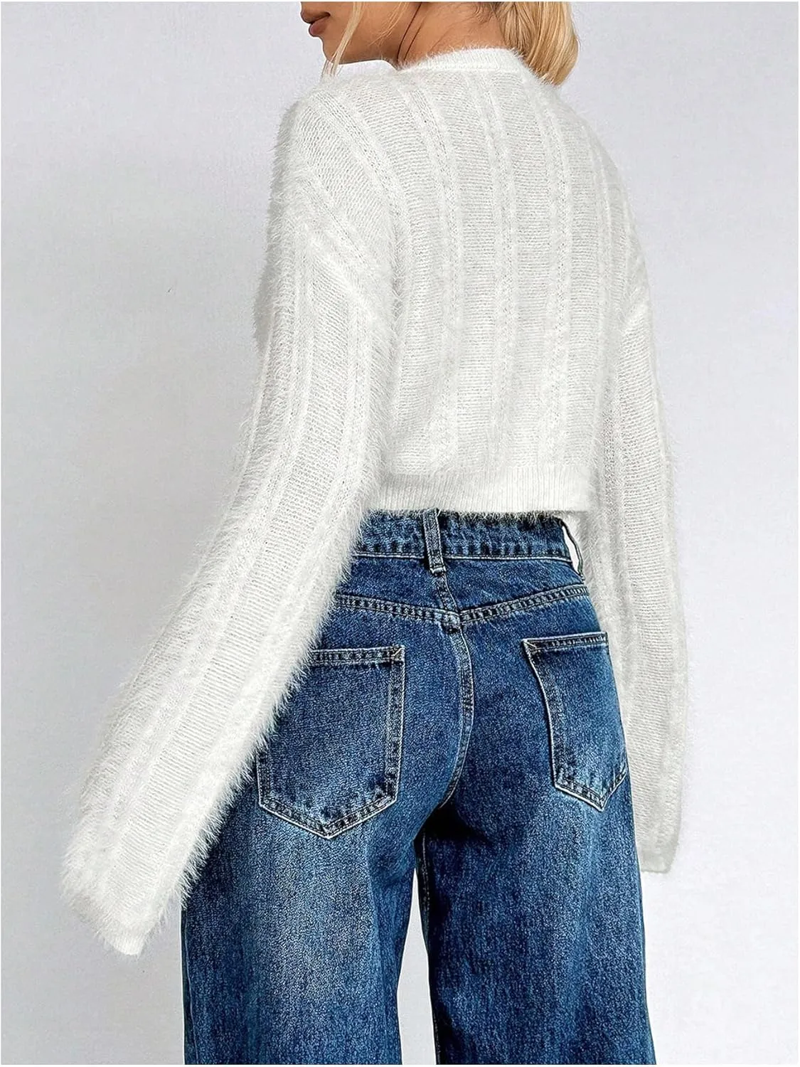 MakeMeChic Women's Button Front Crop Cardigan Fuzzy Long Sleeve Drop Shoulder Cropped Sweaters Outwear
