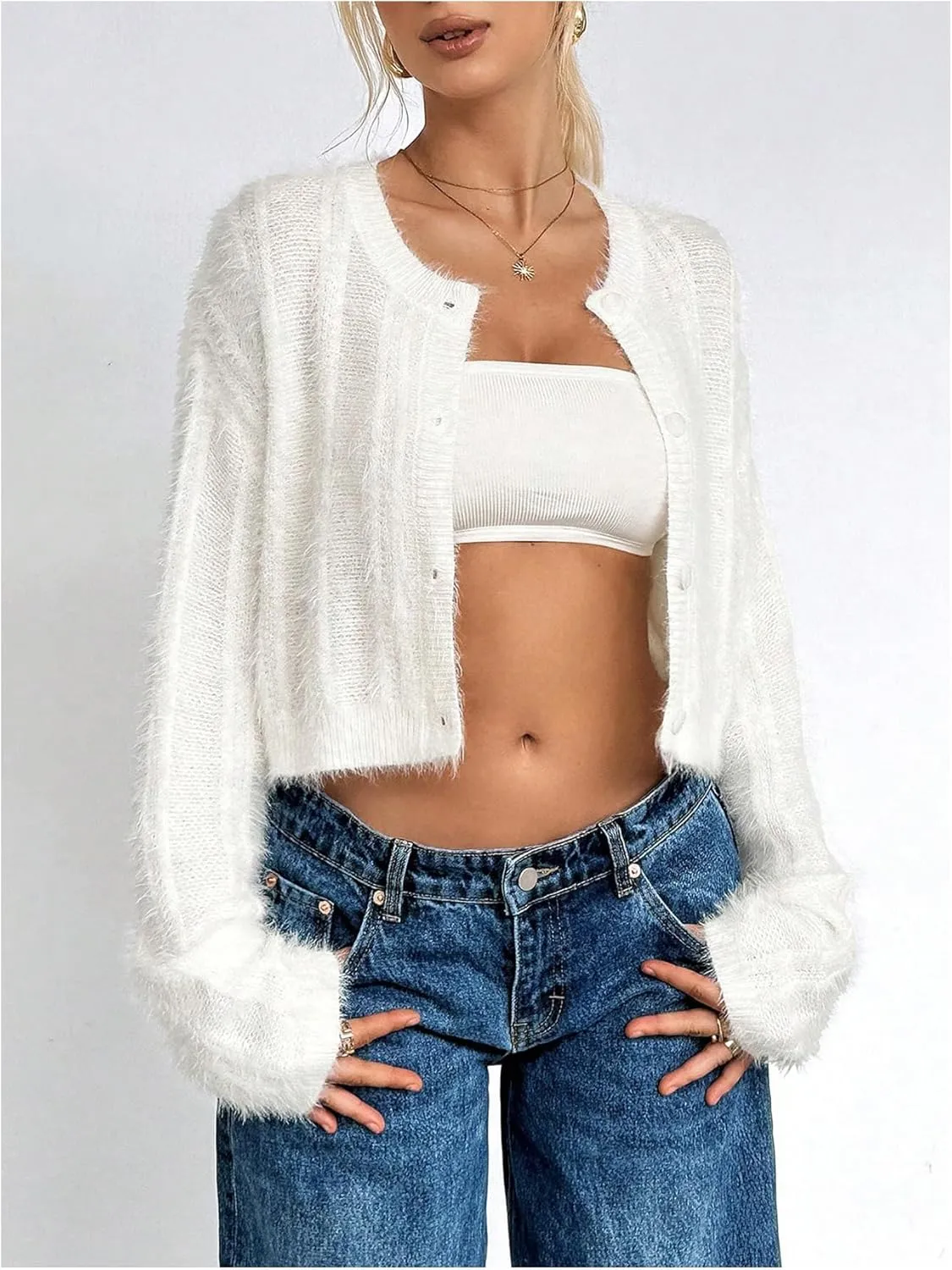 MakeMeChic Women's Button Front Crop Cardigan Fuzzy Long Sleeve Drop Shoulder Cropped Sweaters Outwear