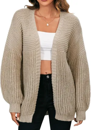MakeMeChic Women's Chunky Knit Cardigan Open Front Casual Lantern Long Sleeve Sweaters